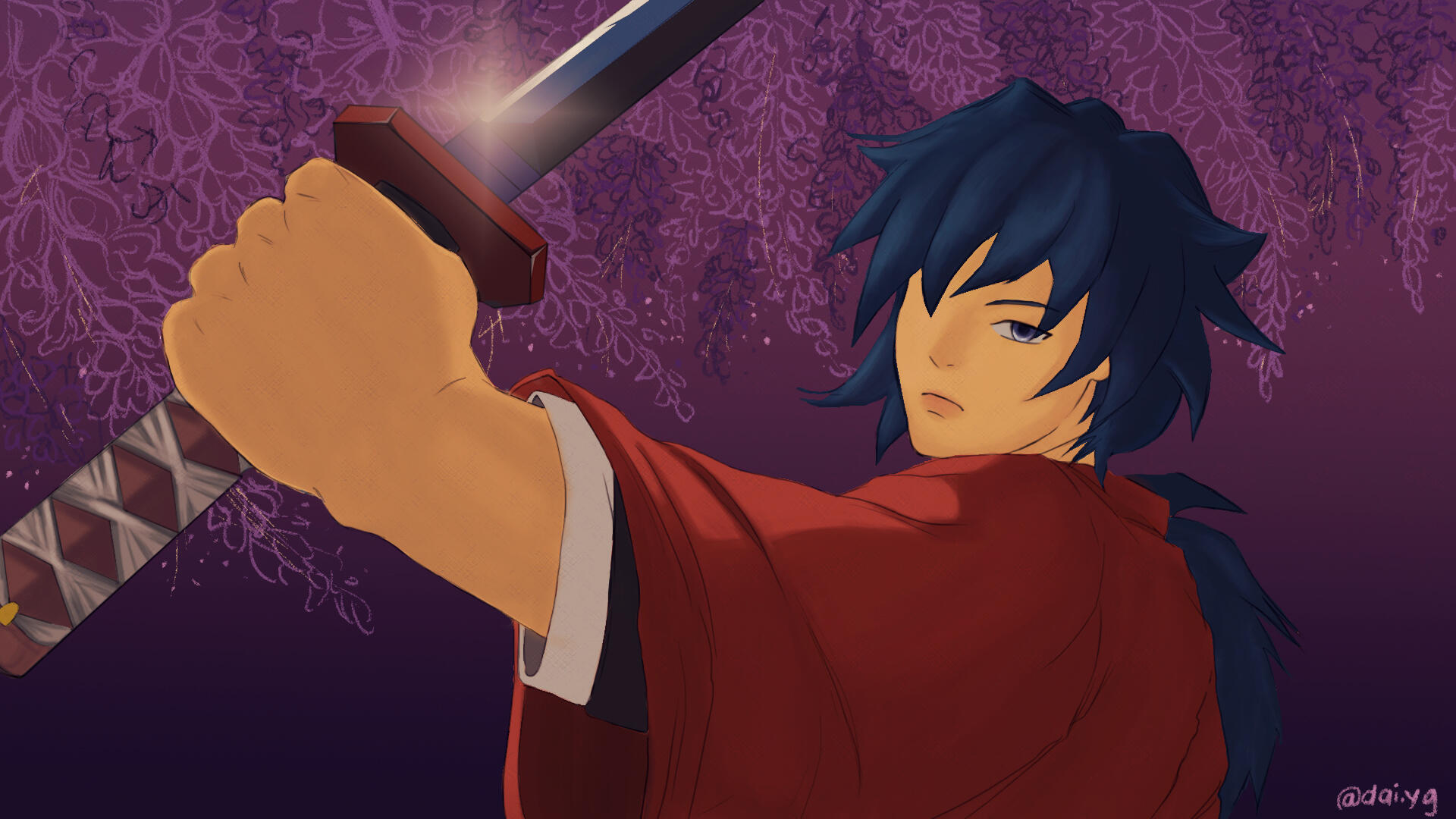 In this case i try to capture the calm of giyuu, even when he is training hard. I wanted to make a contrats with the glicinas and the katana.