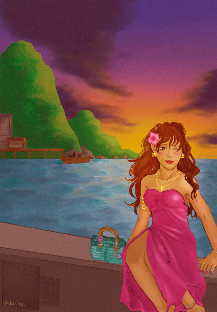 In this image i focus on make the character feels familiar with the enviroment. I draw her in a warm place, so the colors had to match with the vibe.